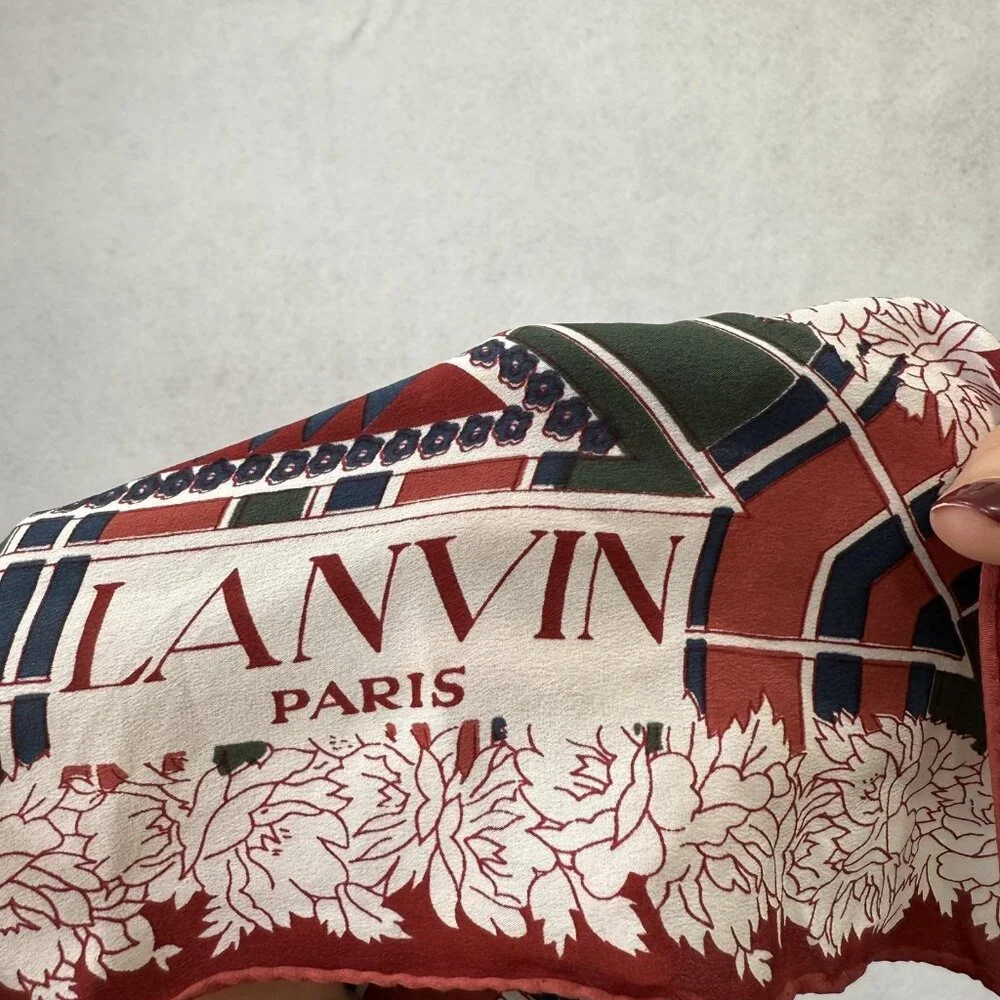 Lanvin Paris Scarf Womens One Size Silk Triangle Floral Plaid Made France Red